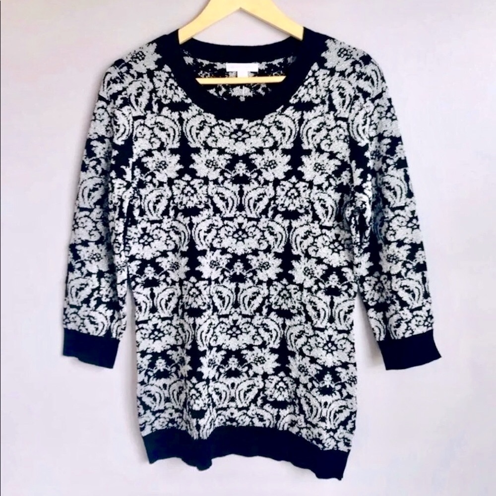 New NY&Co New York and Company Metallic Jacquard Pattern Black Silver Sweater